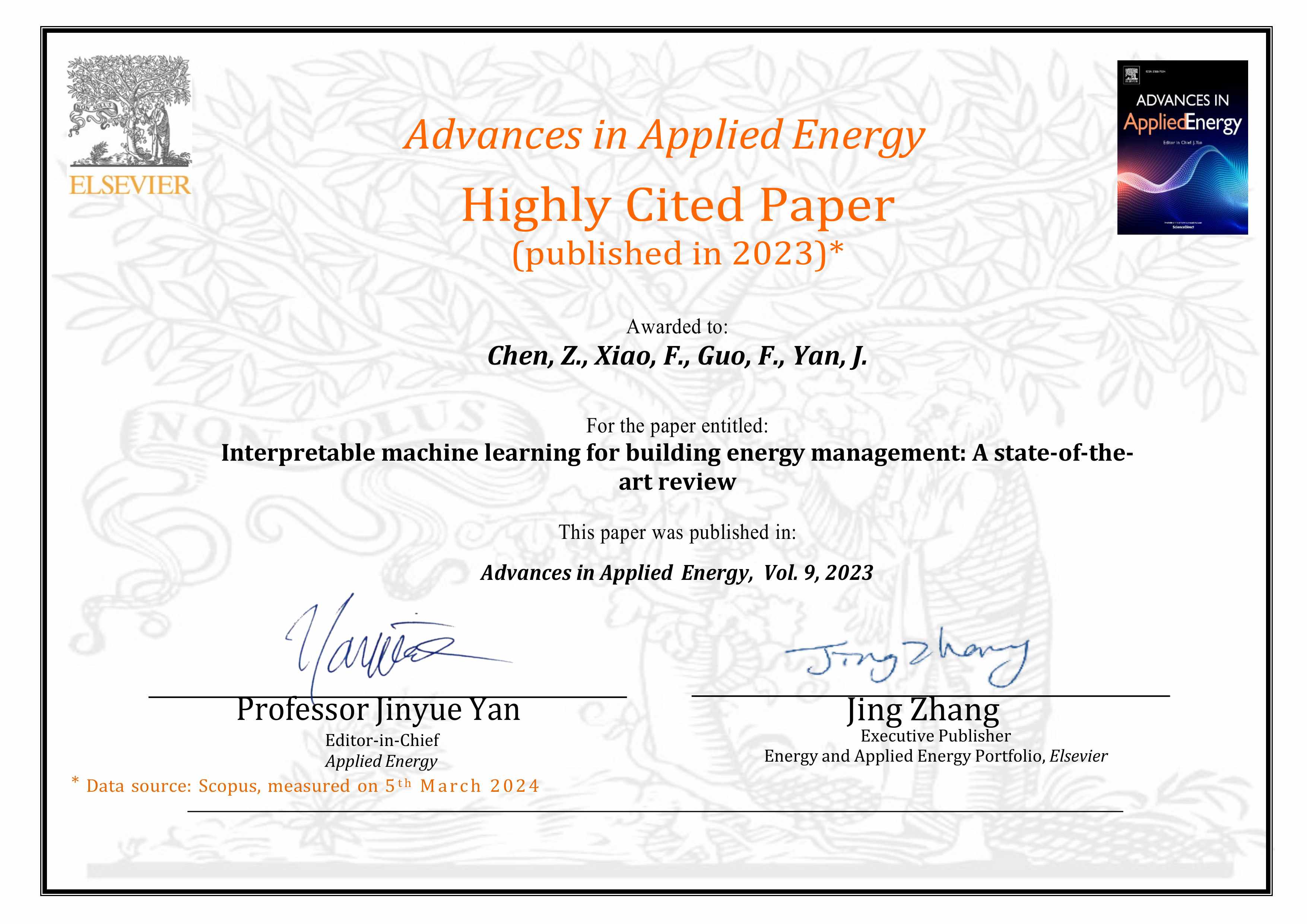 Elsevier Highly Cited Paper Award certificate