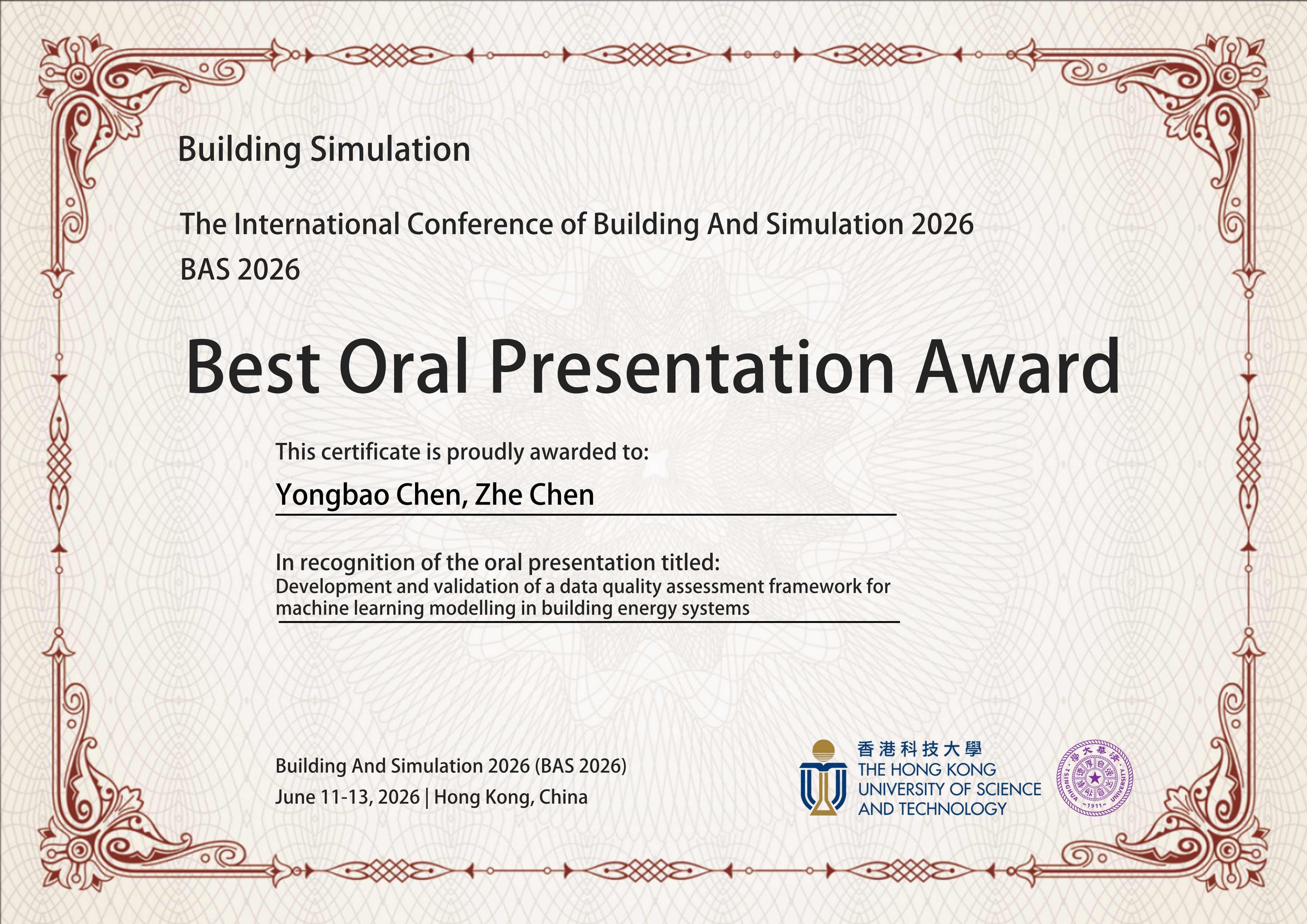 Best Oral Presentation Award and Best Paper Nomination certificate