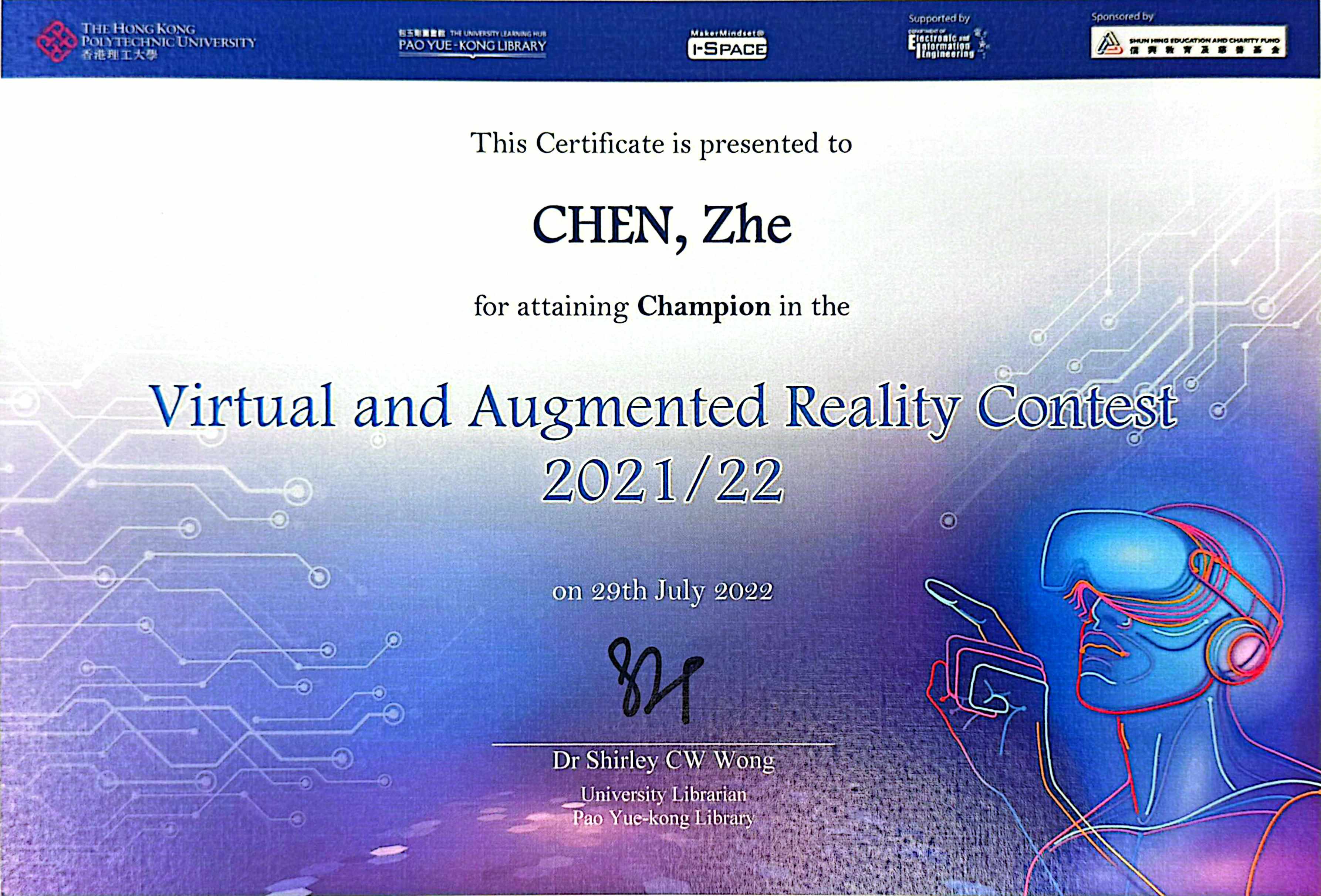 Champion, i-Space: VRAR Contest 2021/22 certificate