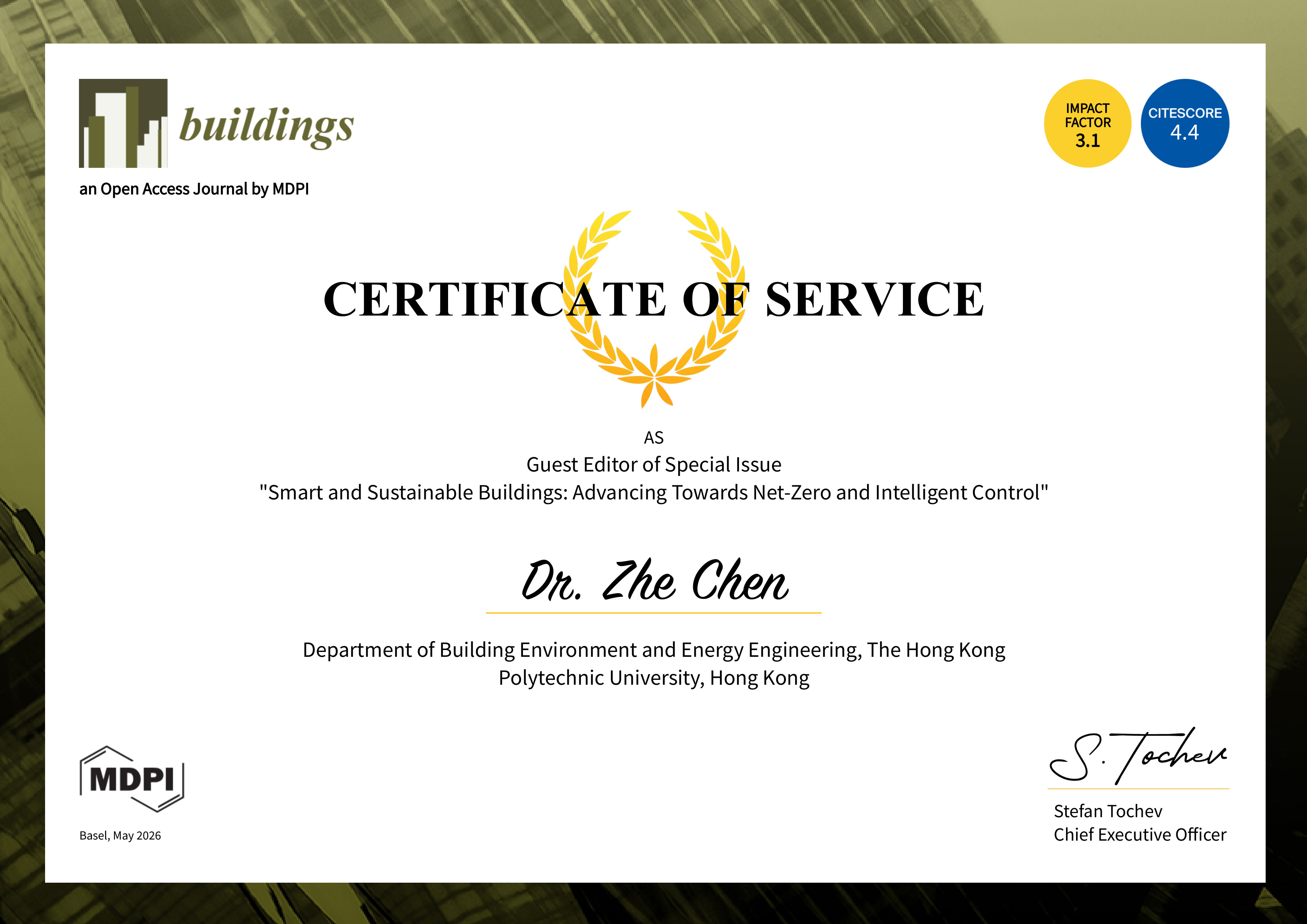 Guest Editor, Special Issue certificate